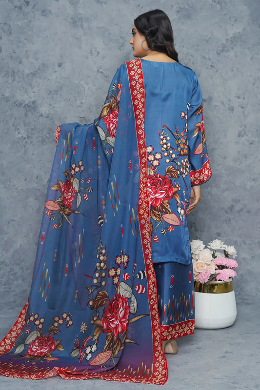 Izel silk suit back embroidery design - designer ready to wear with floral print detail Pakistan