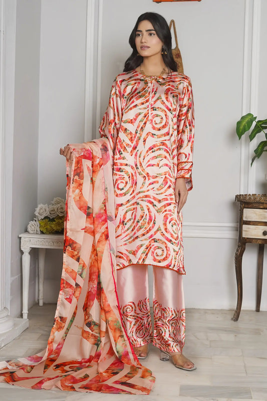 Naqshi 3 piece silk dress coral peach - luxury ready to wear women's suit Pakistan - swirl digital print front view