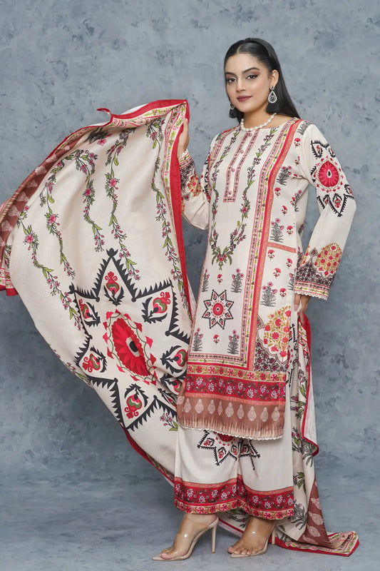 Charizma 3 piece khaddar suit - best ready to wear clothing brand Pakistan - off white floral digital print front view