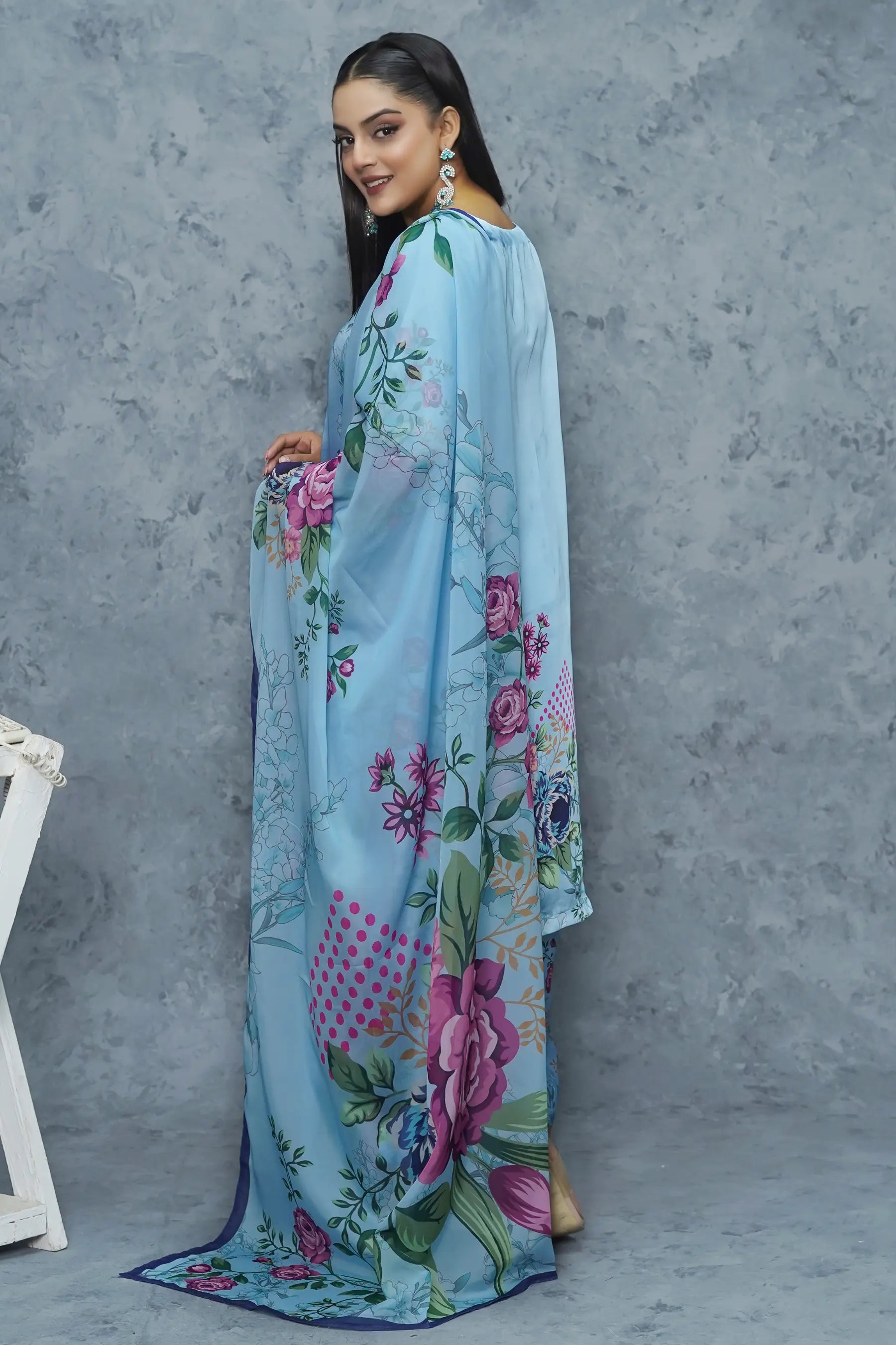 Ethnc silk suit back view - premium stitched 3 piece with lace border and button detail