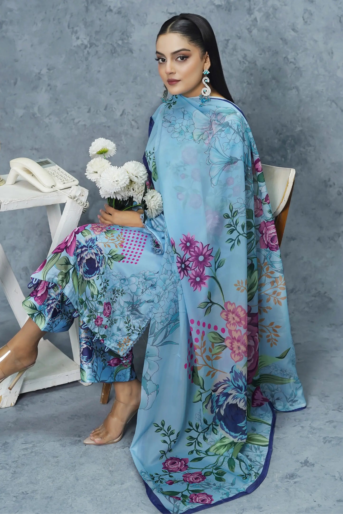 Ethnc silk suit apple silk dupatta - One Five top ready to wear brand Pakistan with floral print