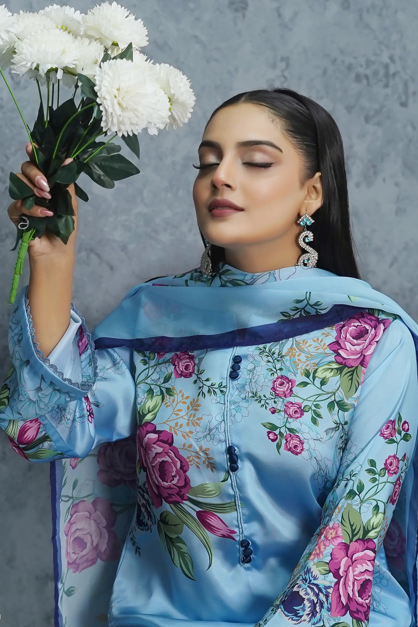 Ethnc 3 piece silk suit sky blue - premium ready to wear clothing brand Pakistan - floral digital print