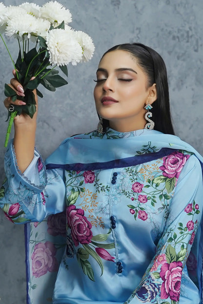 Ethnc 3 piece silk suit sky blue - premium ready to wear clothing brand Pakistan - floral digital print