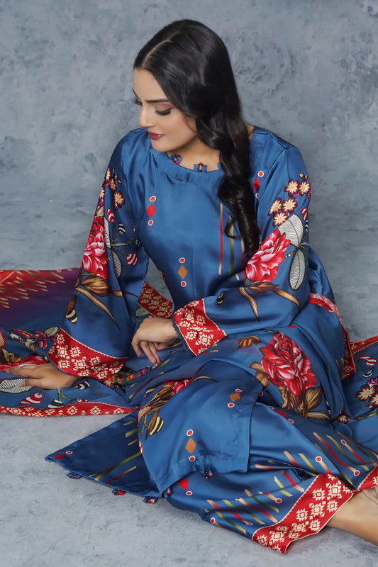 Izel 3 piece silk suit complete dress set - luxury ready to wear women's clothing Pakistan - blue floral digital print