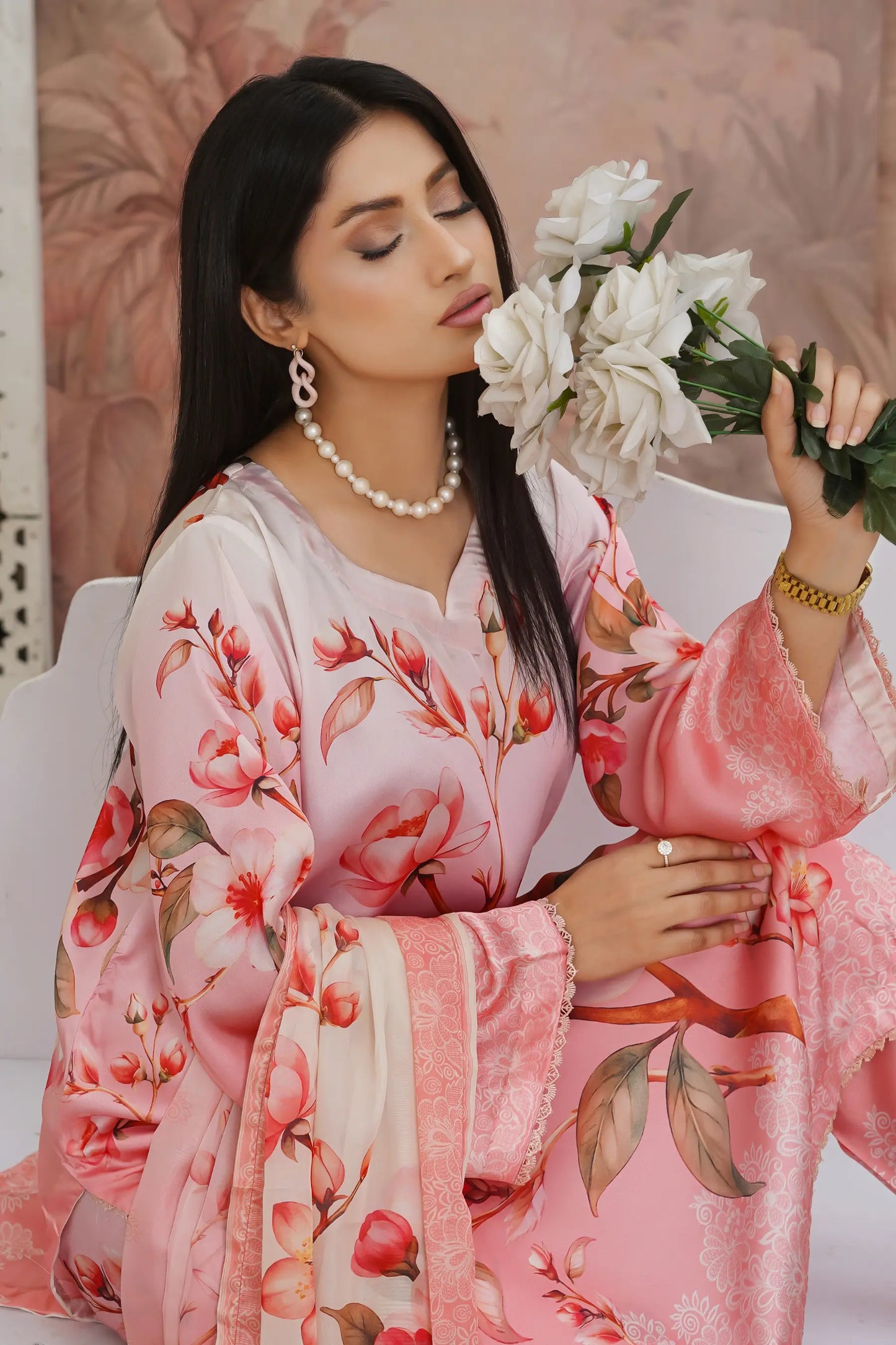 Karma silk suit front new design - luxury stitched 3 piece with neckline detail Pakistan