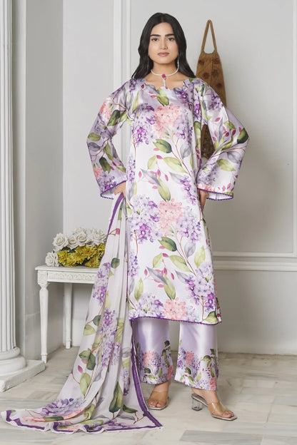 Premium silk fabric texture of Lulusar 3 piece suit - luxury lavender women's dress