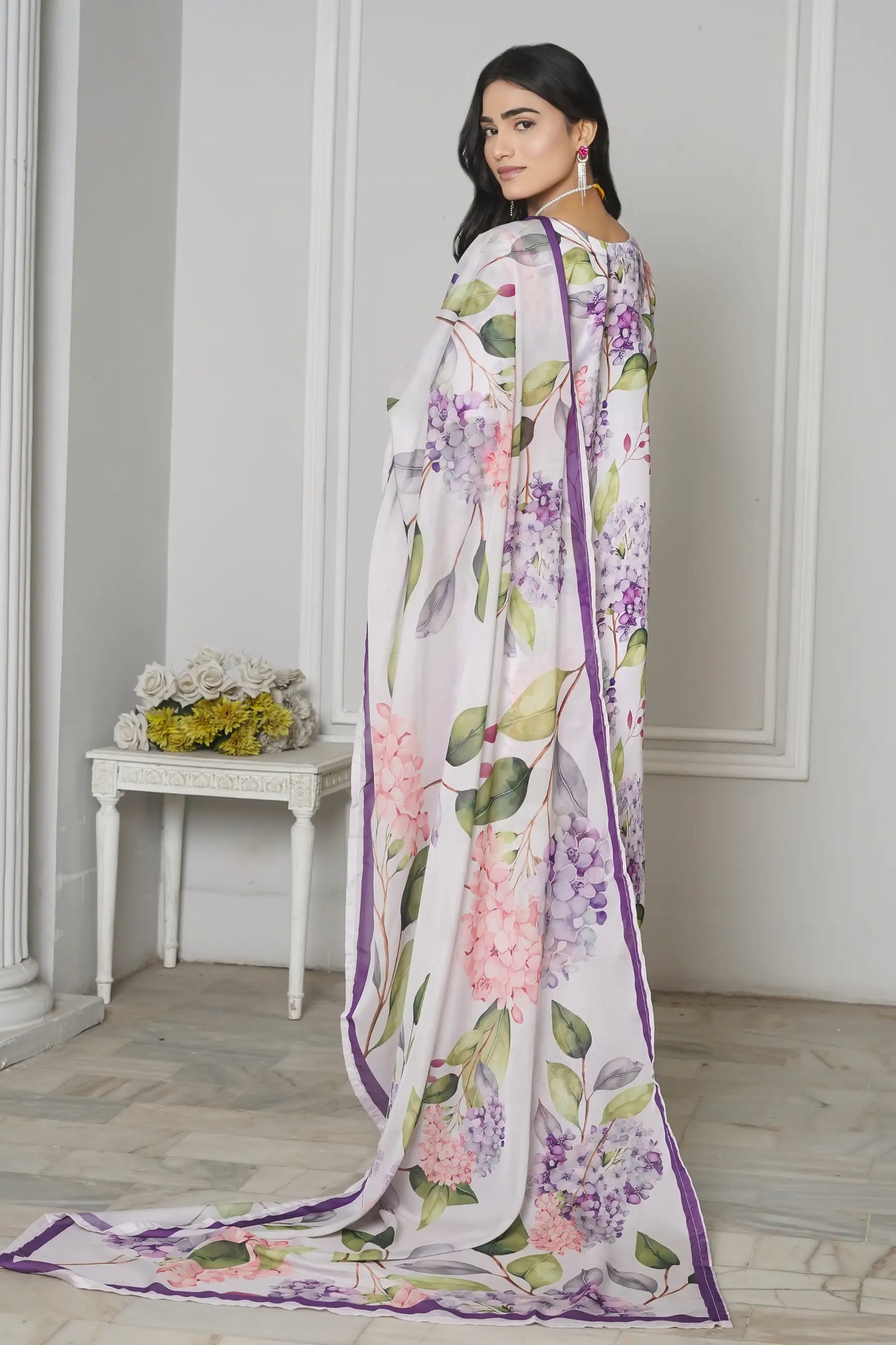 Lulusar silk suit side profile - designer ready to wear with floral print Pakistan
