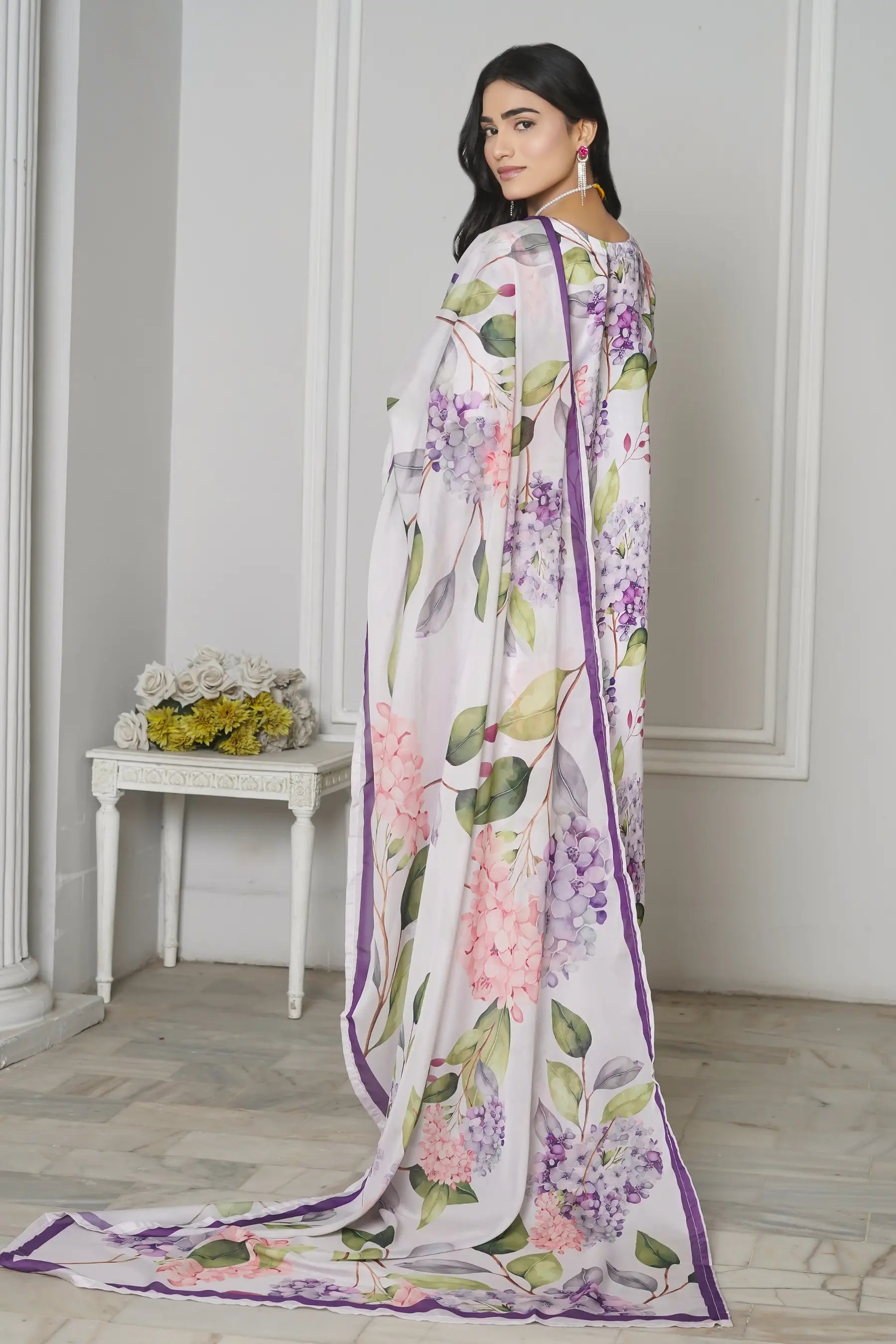 Lulusar silk suit side profile - designer ready to wear with floral print Pakistan