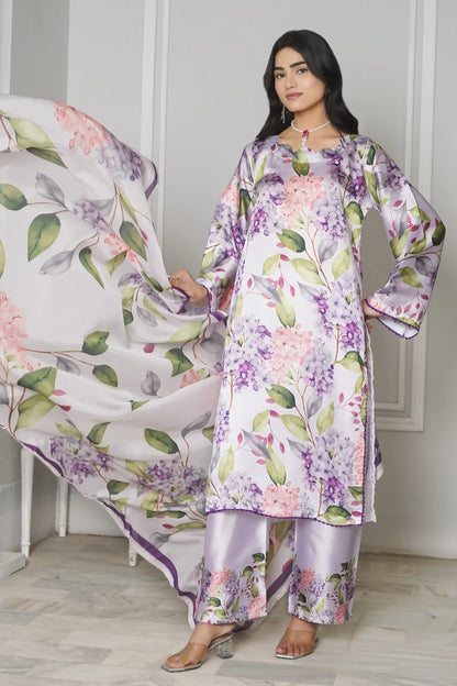 Lulusar 3 piece silk suit front view - premium ready to wear women's dress Pakistan - lavender floral digital print
