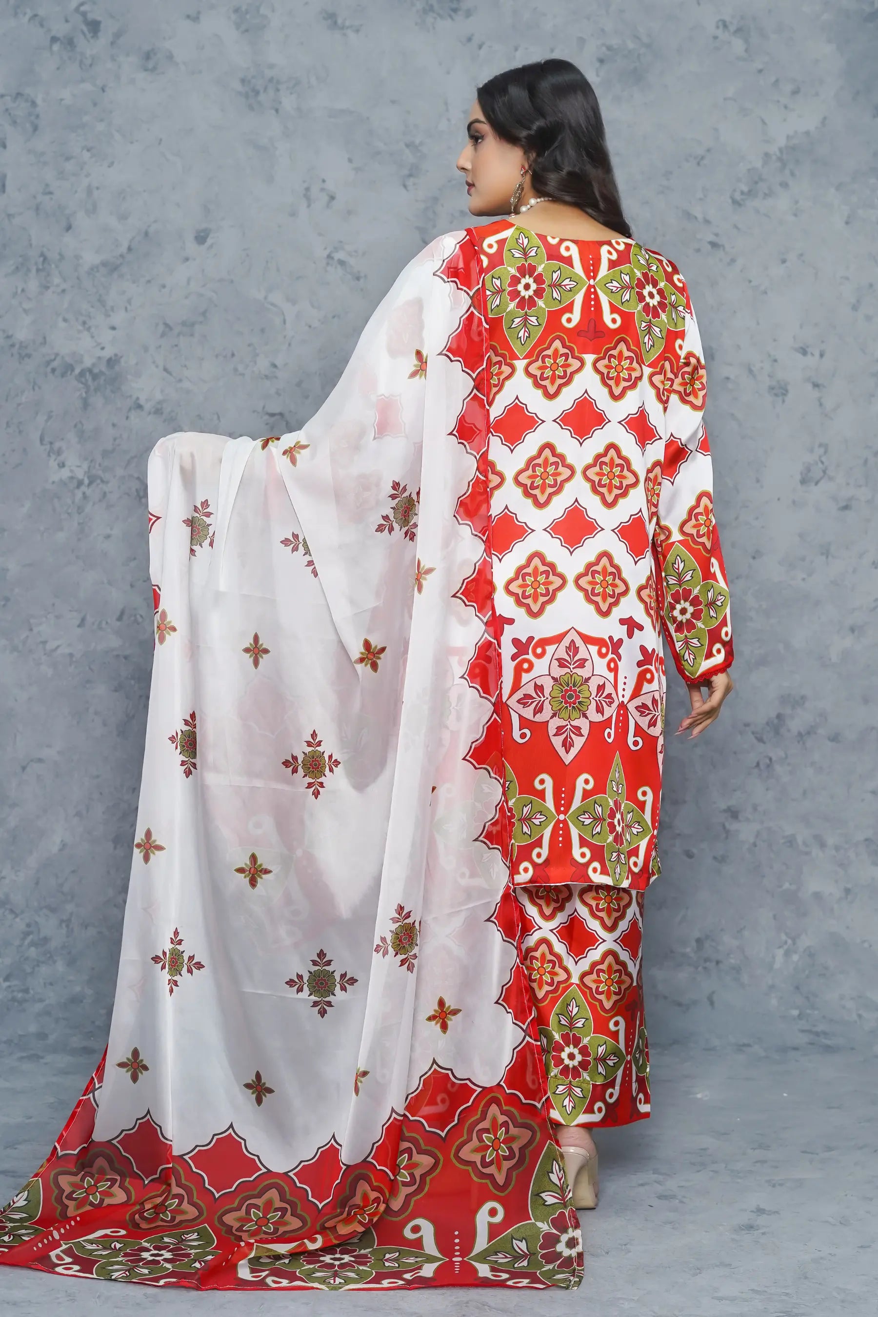 Pret silk suit digital print pattern - premium 3 piece women's dress with geometric floral design