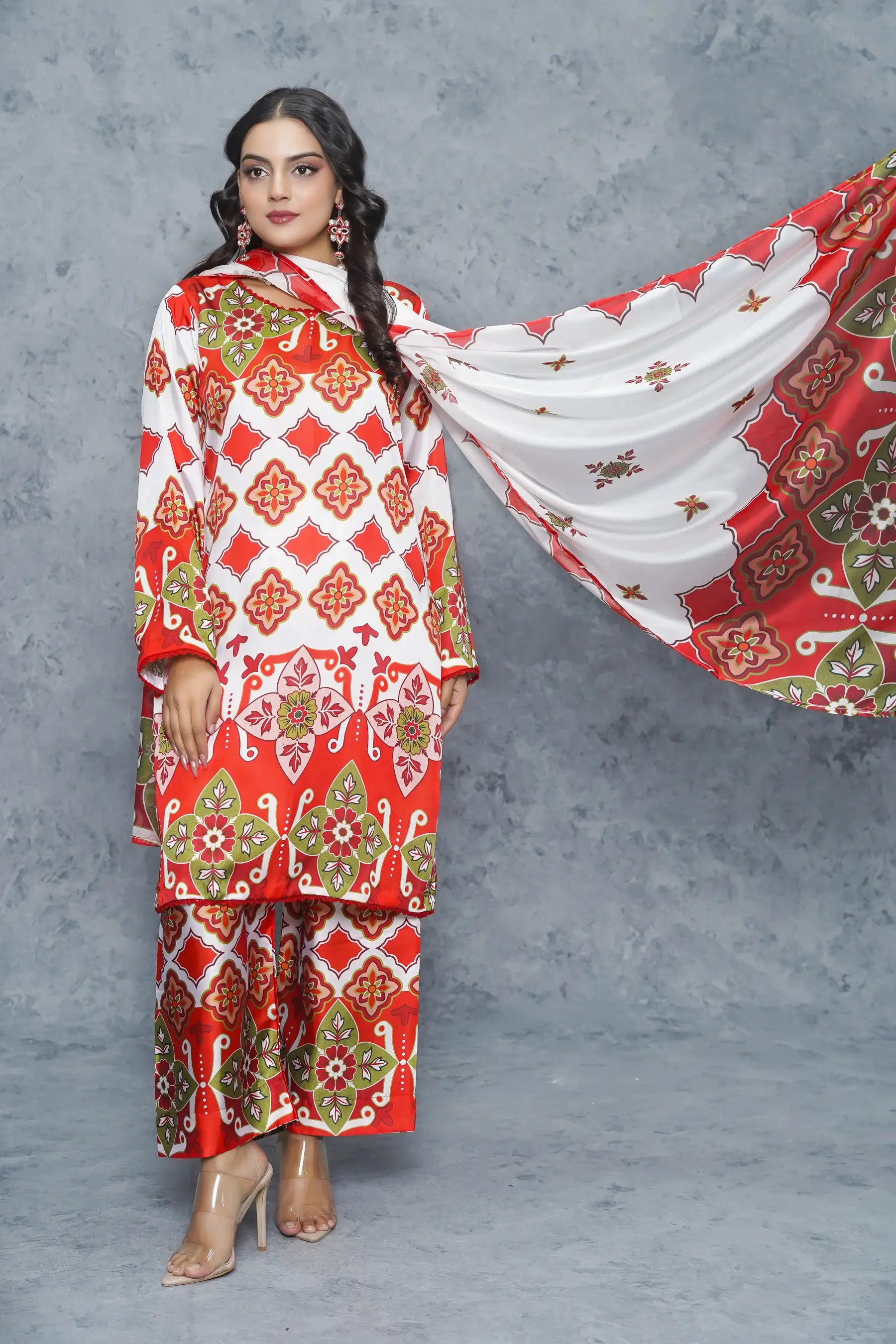 Pret silk suit red and white color variant - designer ready to wear with lace work detail