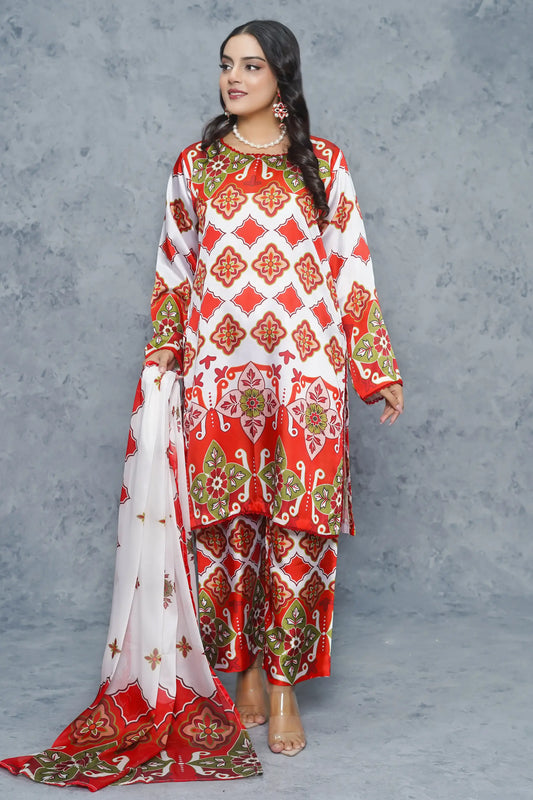 Pret 3 piece silk suit complete dress set - premium ready to wear women's clothing Pakistan - red white geometric print