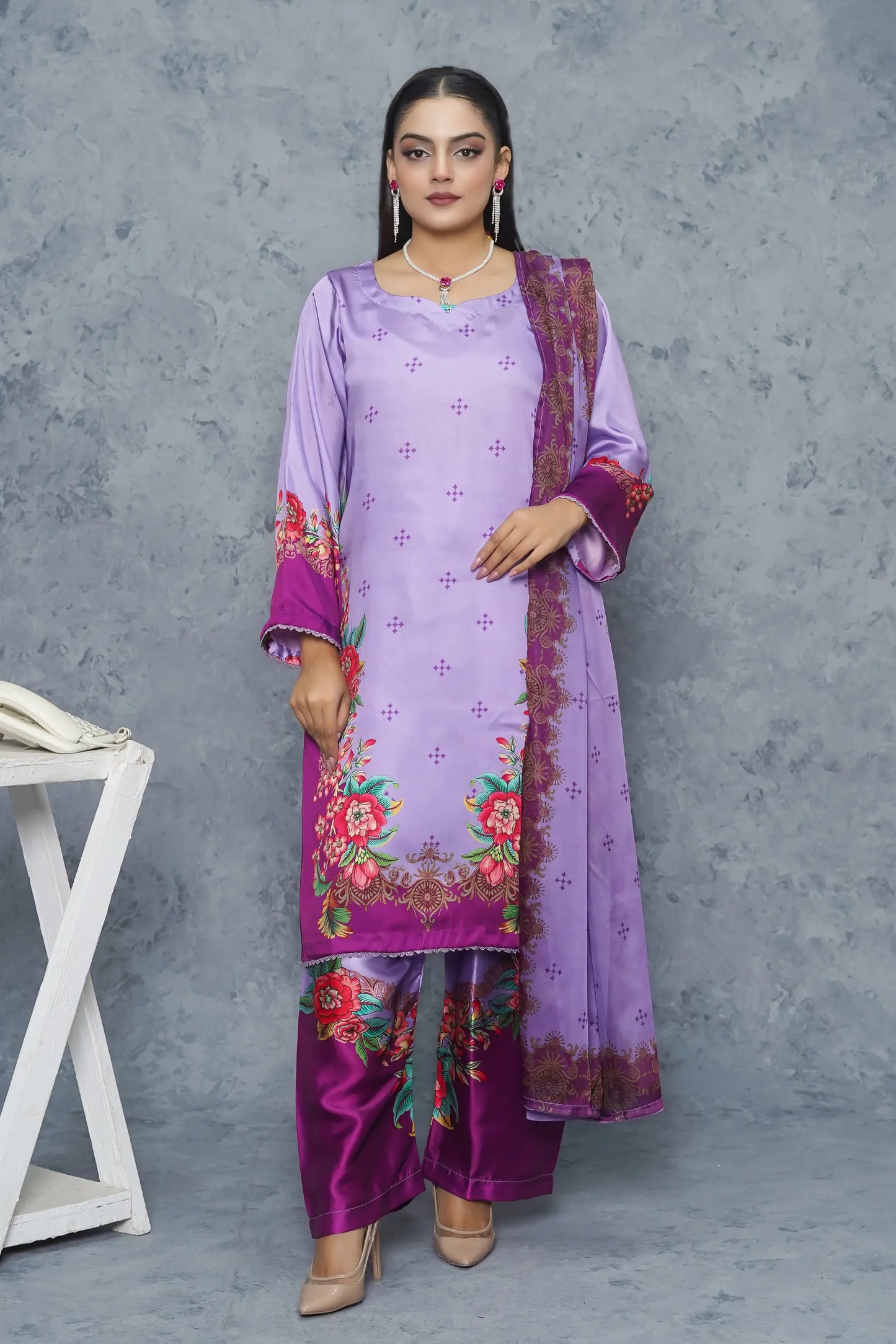 Zaaviay 3 piece silk dress lavender purple - luxury ready to wear women's suit Pakistan - floral digital print winter collection