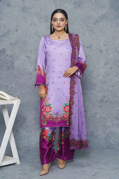 Zaaviay 3 piece silk dress lavender purple - luxury ready to wear women's suit Pakistan - floral digital print winter collection