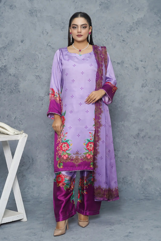 Zaaviay 3 piece silk dress lavender purple - luxury ready to wear women's suit Pakistan - floral digital print winter collection