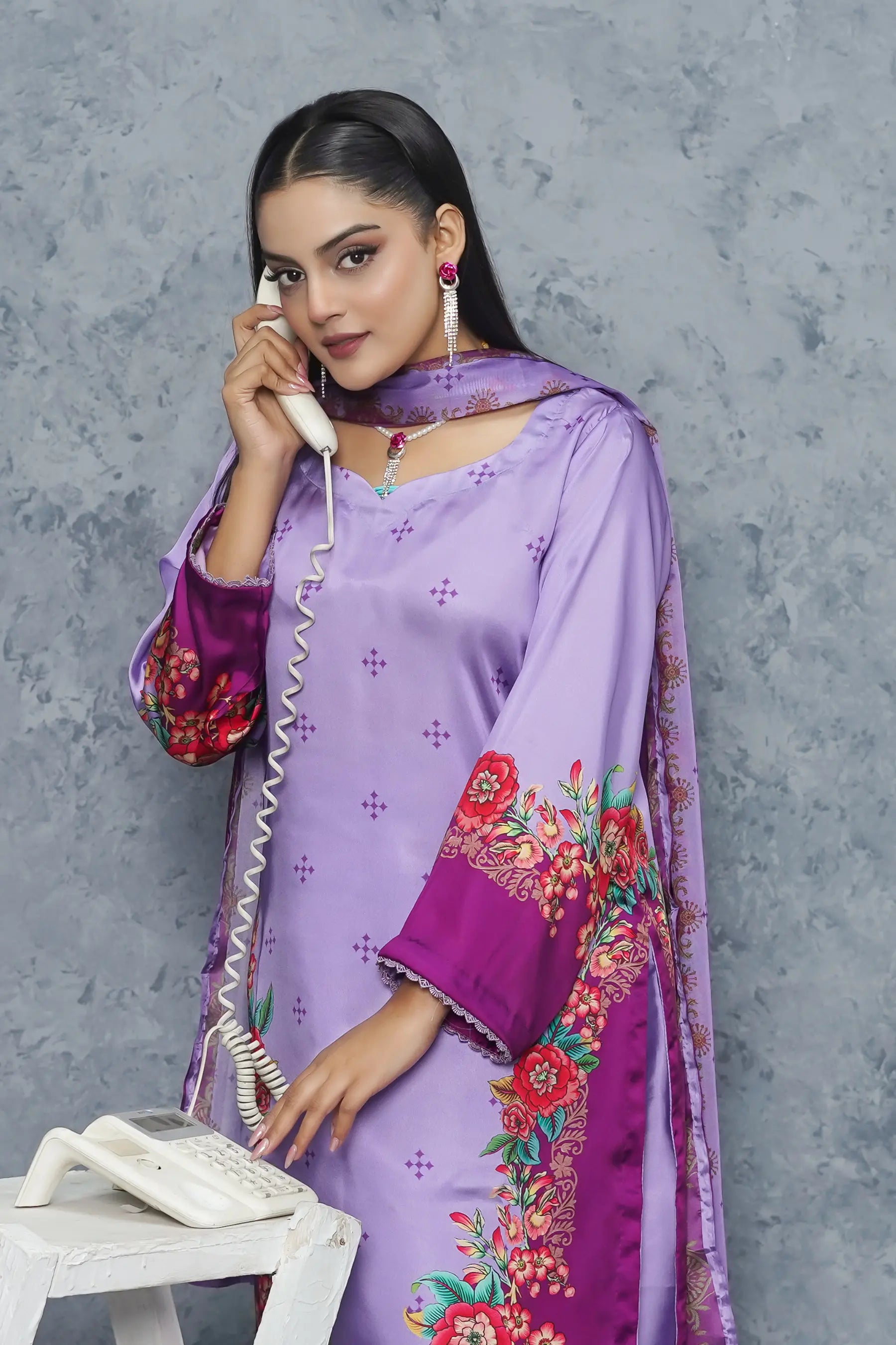 Zaaviay silk dress purple color variant - best ready to wear 3 piece suit with floral print