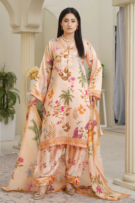 Zara 3 piece silk suit digital print design 2026 - premium ready to wear women's dress Pakistan - peach floral